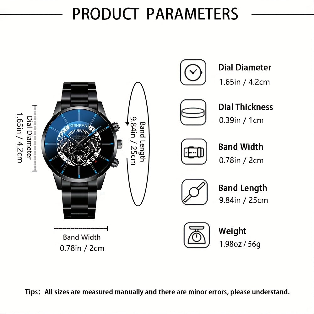 3pcs Men's Elegant Business Steel Strap Watch + Minimalist Lightweight Wallet and Belt Set, Surprise Gift for Him for Christmas, Valentine's Day, Birthday
