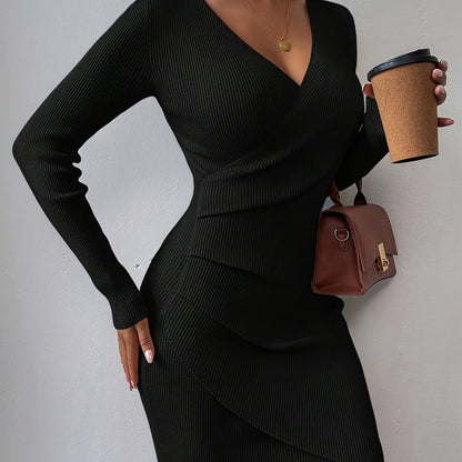 New Autumn and Winter Slim Fit V-Neck Dress Stretchy and Flattering Wrap Design, Elegant Solid Color Mini Dress for Work and Dates