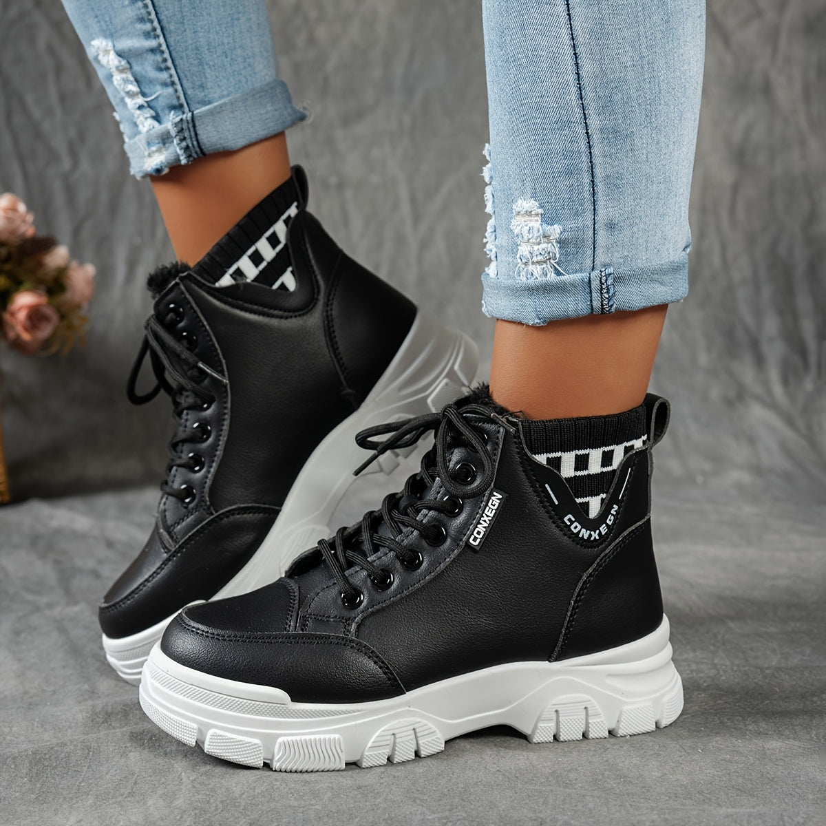 gfhfgjjfg Women's Casual High-Top Platform Ankle Boots with Lace-Up Closure, Thick Rubber Sole & Faux Cover Upper - Winter Warm Round Toe Boots for Casual Attire (Black/White/Beige), Comfortable Footwear, Durable Traction Foo