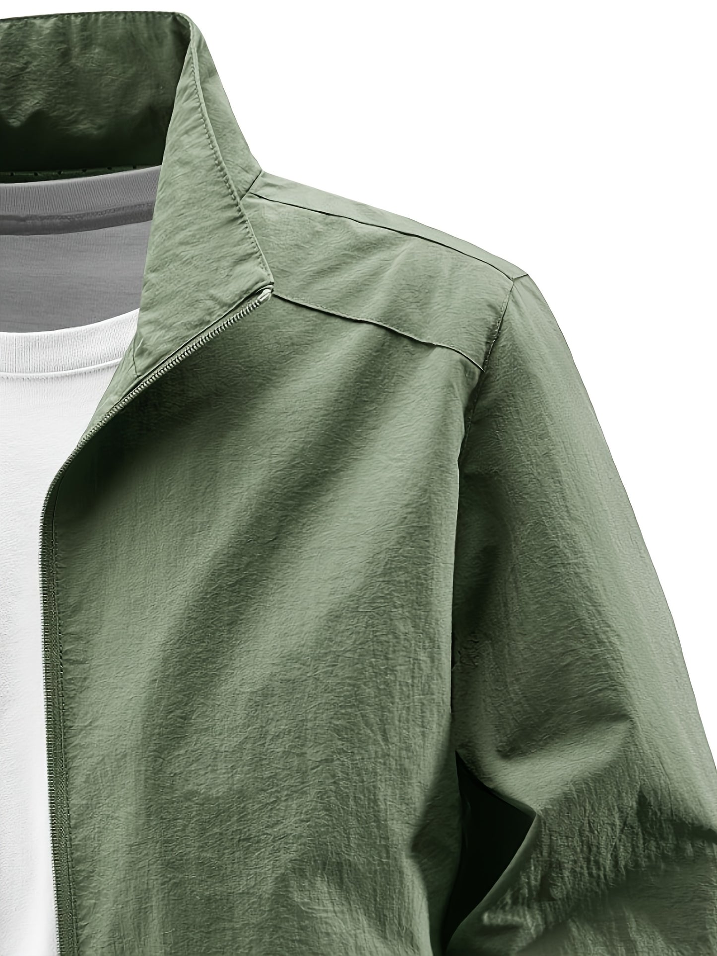 Men'S Olive Green Bomber Jacket with Stand Collar - Casual, Comfortable, Zip-Up Outerwear for Outdoor Activities, Casual Attire|Stand Collar Jacket|Zippered Jacket