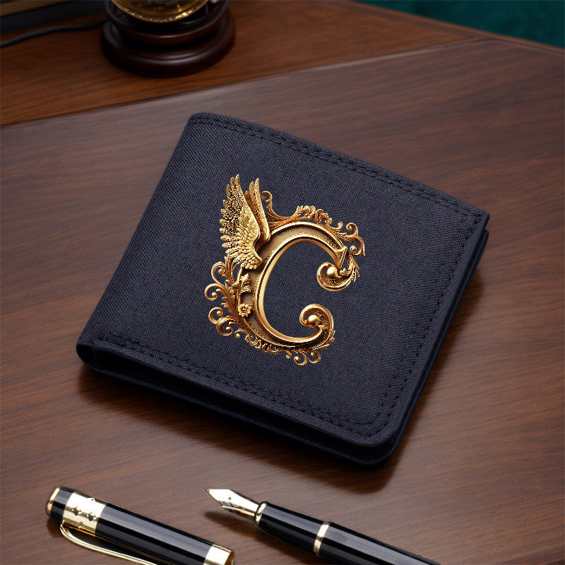 1pc Men's Short Canvas Initial Name Wallet, Zippered Denim Wallet for Men, Plain Ultra-Thin Letter Wallet for Men