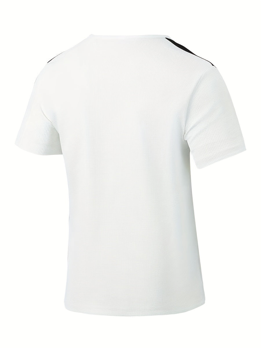 Men'S Casual Waffle Knit Short Sleeve T-Shirt with Drawstring Detail - Maroon  Black, Round Neck, Breathable Polyester Fabric for Summer Outings, Casual Weekend Wear   Round Neck Tee   Stylish Contrast Stitchin