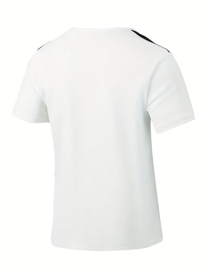 Men'S Casual Waffle Knit Short Sleeve T-Shirt with Drawstring Detail - Maroon  Black, Round Neck, Breathable Polyester Fabric for Summer Outings, Casual Weekend Wear   Round Neck Tee   Stylish Contrast Stitchin