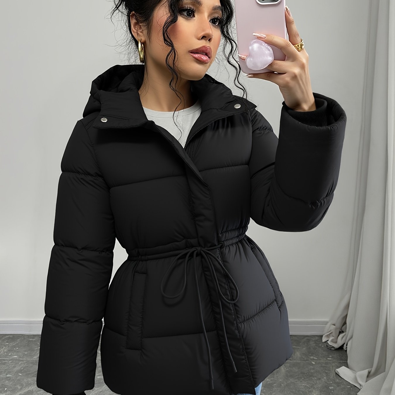 Women'S Elegant Black Puffer Jacket - Mid-Length Loose Fit with Adjustable Drawstring Waist, Long Sleeves, and Front Zipper, Casual Winter Outerwear for Cold Weather, Winter Jacket