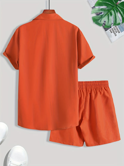 2-piece Men's Stylish Summer Beach Wear Set, Letter Print Men's Short Sleeve Lapel Shirt With Chest Pocket & Drawstring Shorts Co Ord Se