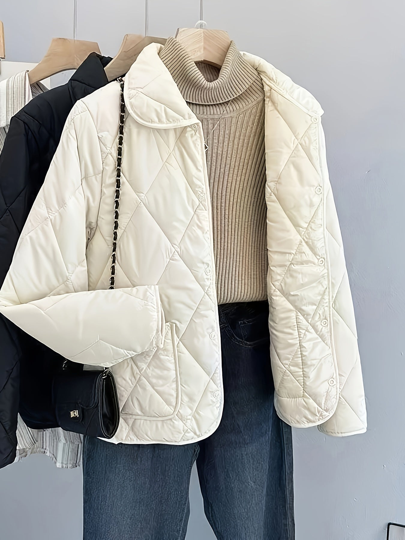 Women'S Elegant Beige Quilted Jacket - Long Sleeve, Button-Up, Stylish Autumn & Winter Coat, 100% Polyester Non-Stretch Fabric, Casual Style, Regular Fit, Autumn Winter Jacket|Quilted Jacket|Stylish Jacket