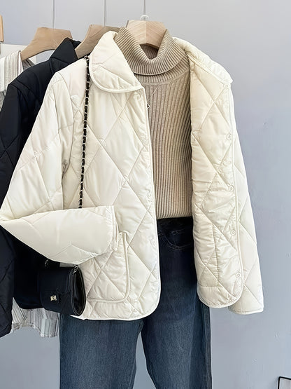 Women'S Elegant Beige Quilted Jacket - Long Sleeve, Button-Up, Stylish Autumn & Winter Coat, 100% Polyester Non-Stretch Fabric, Casual Style, Regular Fit, Autumn Winter Jacket|Quilted Jacket|Stylish Jacket