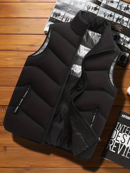Men's Casual Sleeveless Stand Collar Vest, Thickened Warm Sweater, Autumn Winter Solid Color Zip-up Jacket, Coldproof Outdoor Top, Graphene Warmth, Fashion Webbing, Suitable for Daily Activities, Holiday Gift