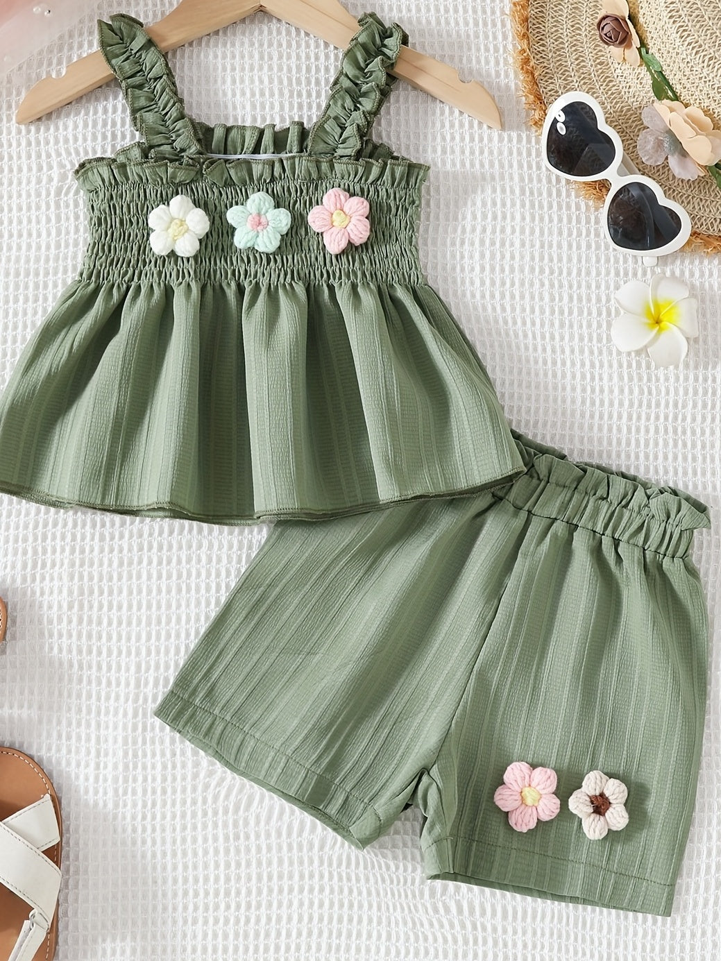 Girls' Summer Cute Floral Shorts and Sleeveless Top Set
