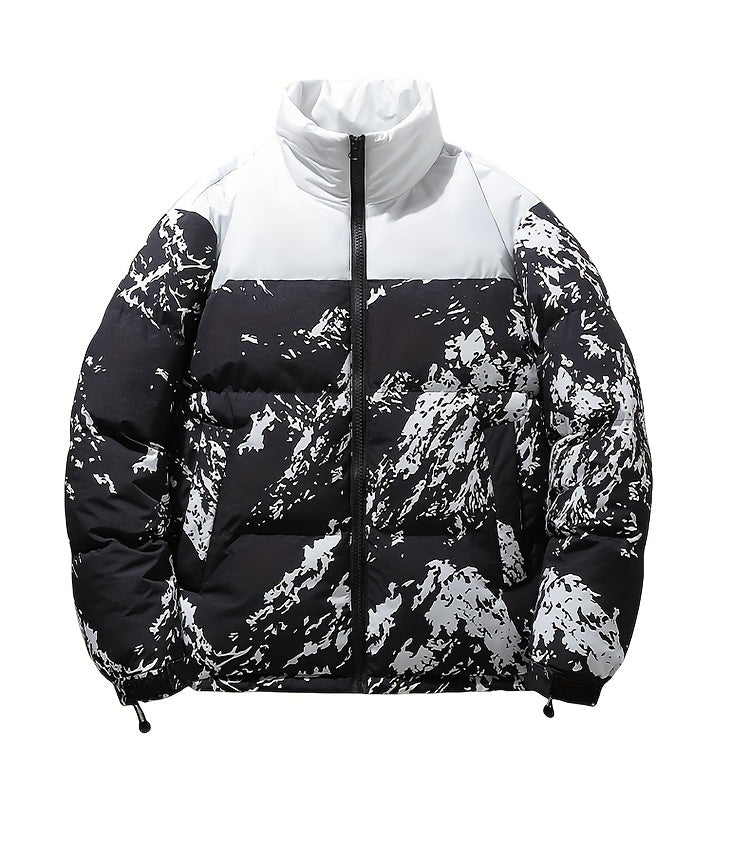 Men's Winter Jacket Windproof Coat with Stand Collar & Camo Marbled Pattern (Black/White/Grey) - Thickened Padded, Full-Zip Closure, for Skiing,, Outdoor Activities - Cold Weather Survival