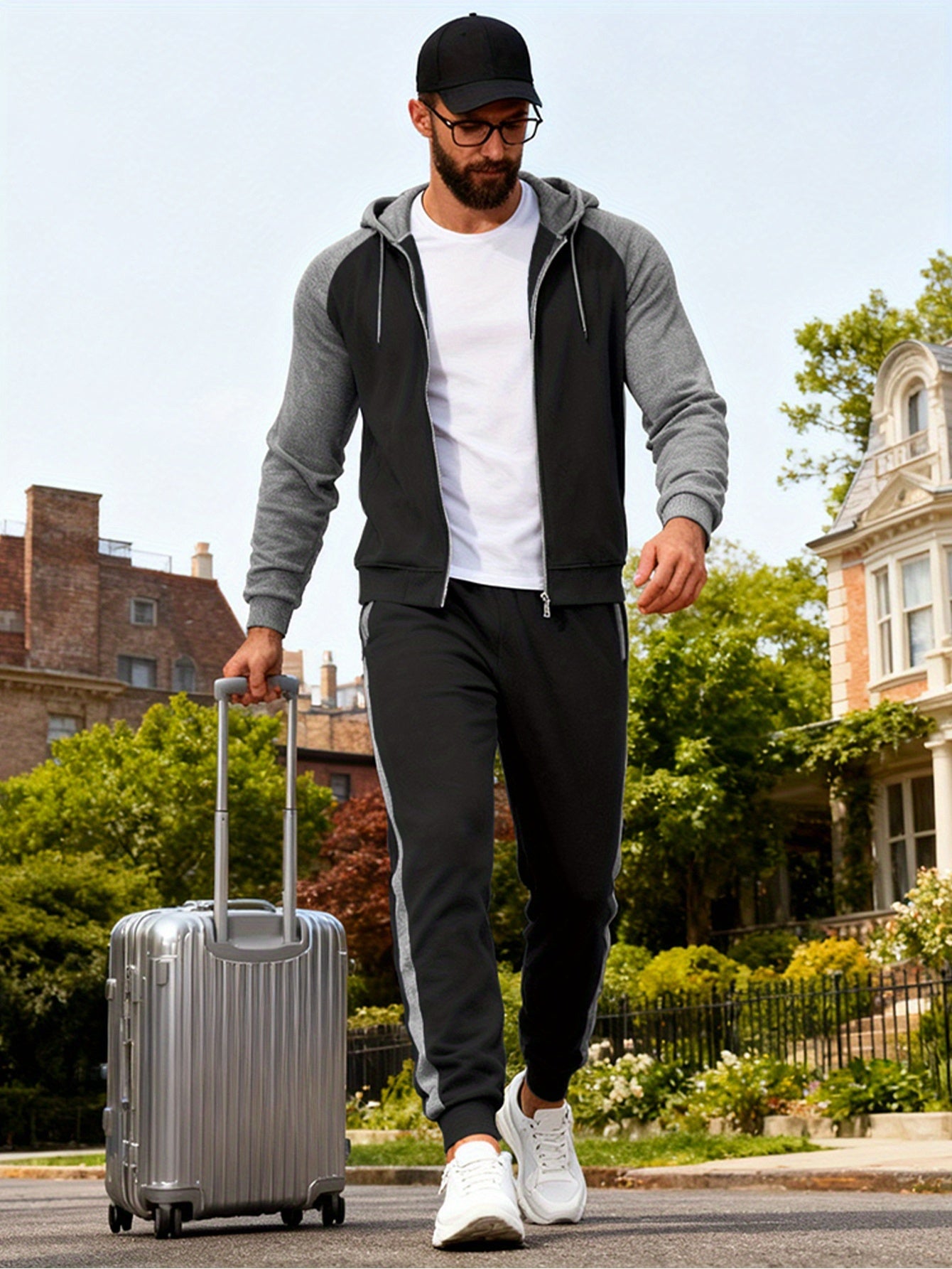 Men's Casual Sports Hoodie Two-Piece Set Four Seasons Color-Matching Zipper Drawstring Waist Jogging Suit