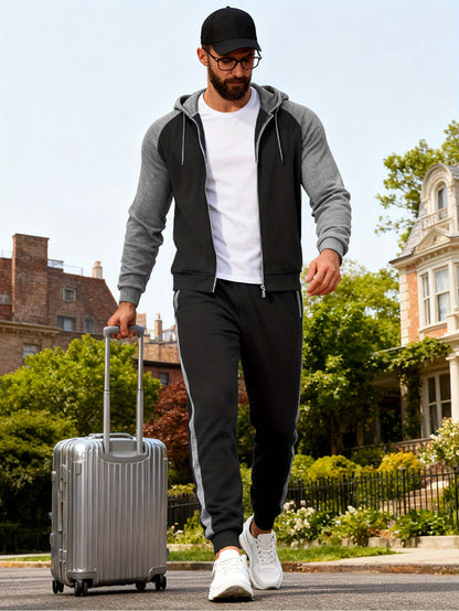 Men's Casual Sports Hoodie Two-Piece Set Four Seasons Color-Matching Zipper Drawstring Waist Jogging Suit