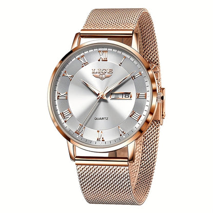 LIGE Women's Elegant Stainless Steel Quartz Watch with Date
