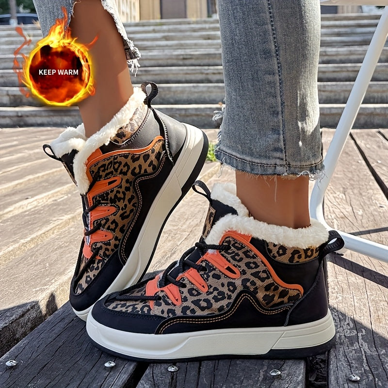 Women'S Stylish Leopard Print Winter Sneakers - Warm Fleece-Lined Casual Shoes with Thick Cushioned PVC Sole, Black & Orange Design, Perfect for Fall/Winter, Winter Sneakers | Leopard Print Shoes | Durable PVC Sole