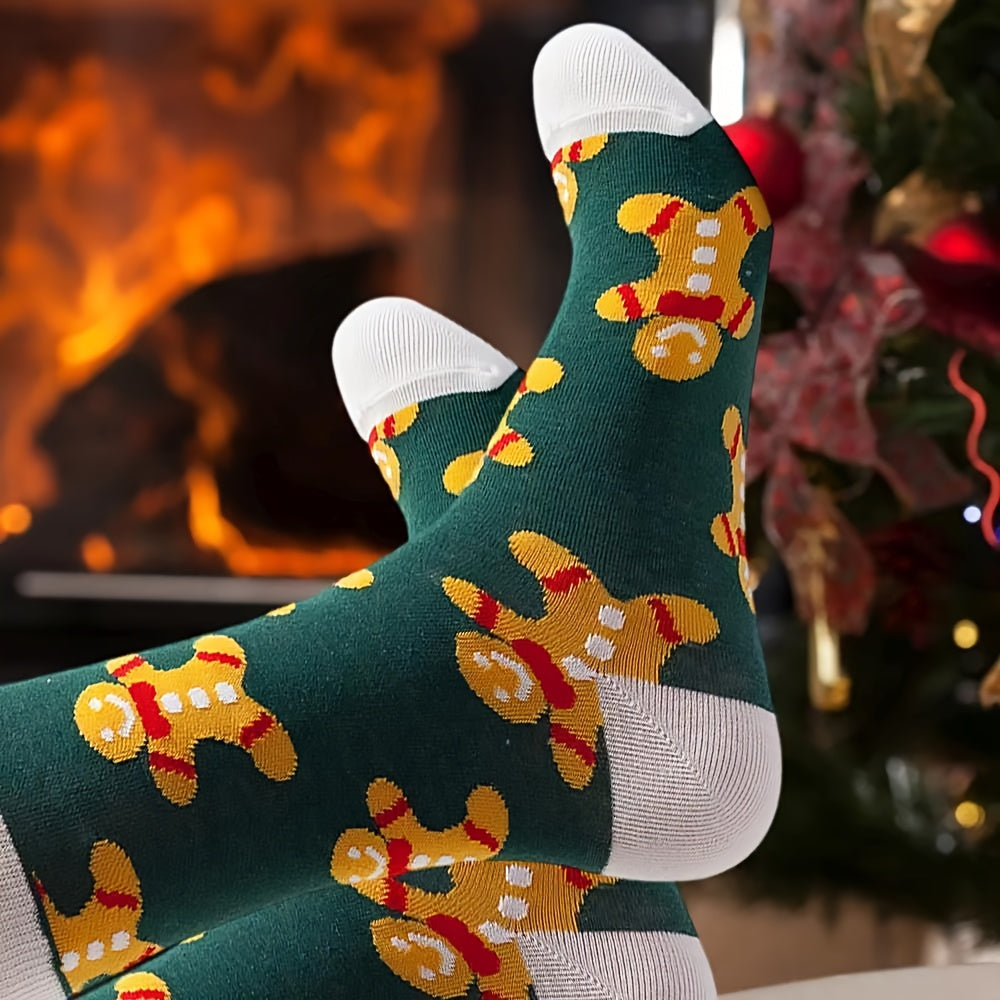6 Pairs of Autumn-Winter Christmas Socks with Cute Cartoon Snowman and Reindeer Design for Men & Women, Mid-Calf Length, Cozy Comfort, Winter Essentials, Playful Pattern, Fun Holiday Style, Warm Material, Durable Socks, Unise
