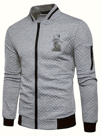 Men's Casual Stand Collar Jacket - 100% Polyester Knit Fabric with Slight Stretch, Solid Color Zippered Spring/Fall Outerwear with Cartoon Embroidery