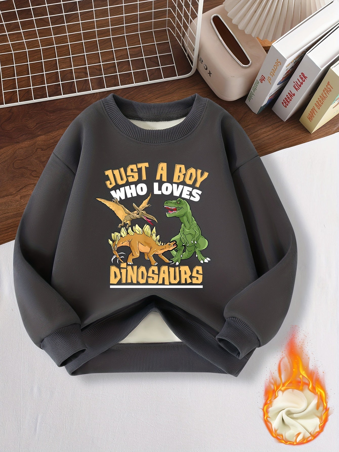 Boys' Warm Fleece Dinosaur Pullover Sweatshirt for Fall Winter