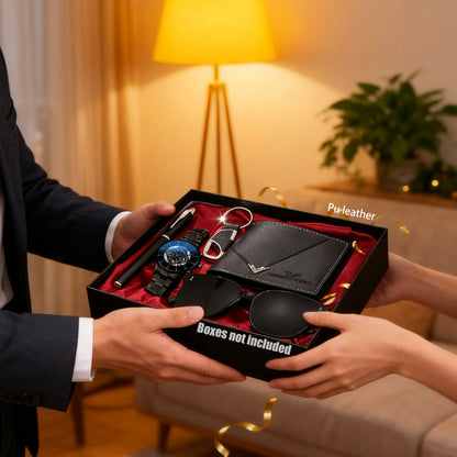 HIKUN 5pcs Men's Luxury Accessory Gift Set - Watch, Wallet, Keychain, Fashion Glasses, Pen Bundle with Zinc Alloy Strap & Quartz Movement Watch - /Anniversary Gift for Him, Dad, Boyfriend (Complete Surprise Set)