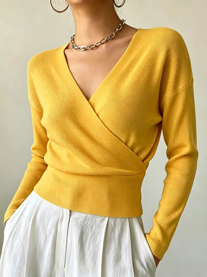 Women's Elegant Cross-Collar V-Neck Pullover Knitwear for Fall/Winter