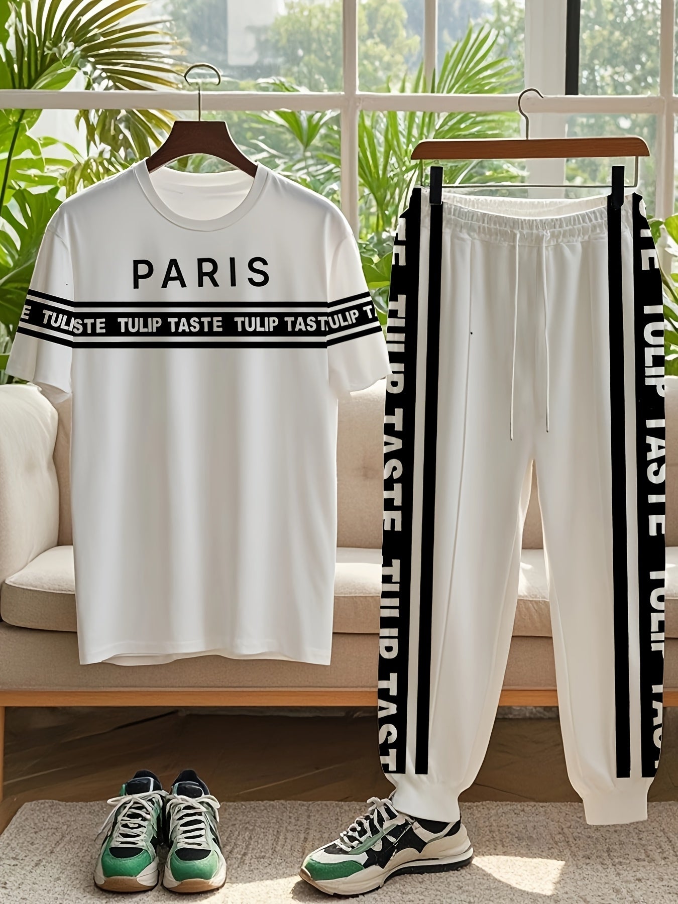 Black and White Striped Urban Style Large Size Men's Round Neck Short Sleeve T-shirt and Pants Black and White 3D Striped Mixed Print Simple Paris Letter Street Culture Short Sleeve T-shirt Urban Striped Letter Print Pants Fa