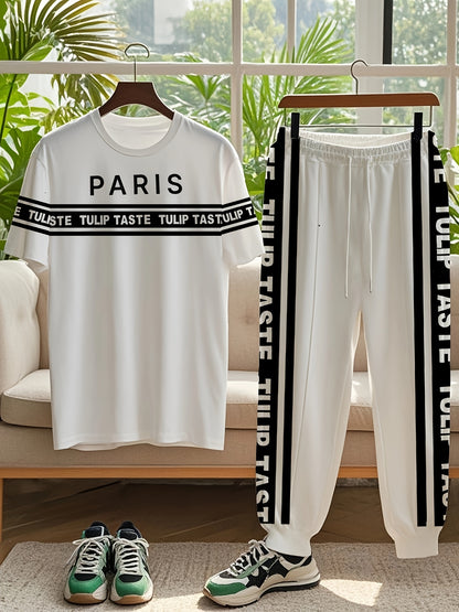 Black and White Striped Urban Style Large Size Men's Round Neck Short Sleeve T-shirt and Pants Black and White 3D Striped Mixed Print Simple Paris Letter Street Culture Short Sleeve T-shirt Urban Striped Letter Print Pants Fa