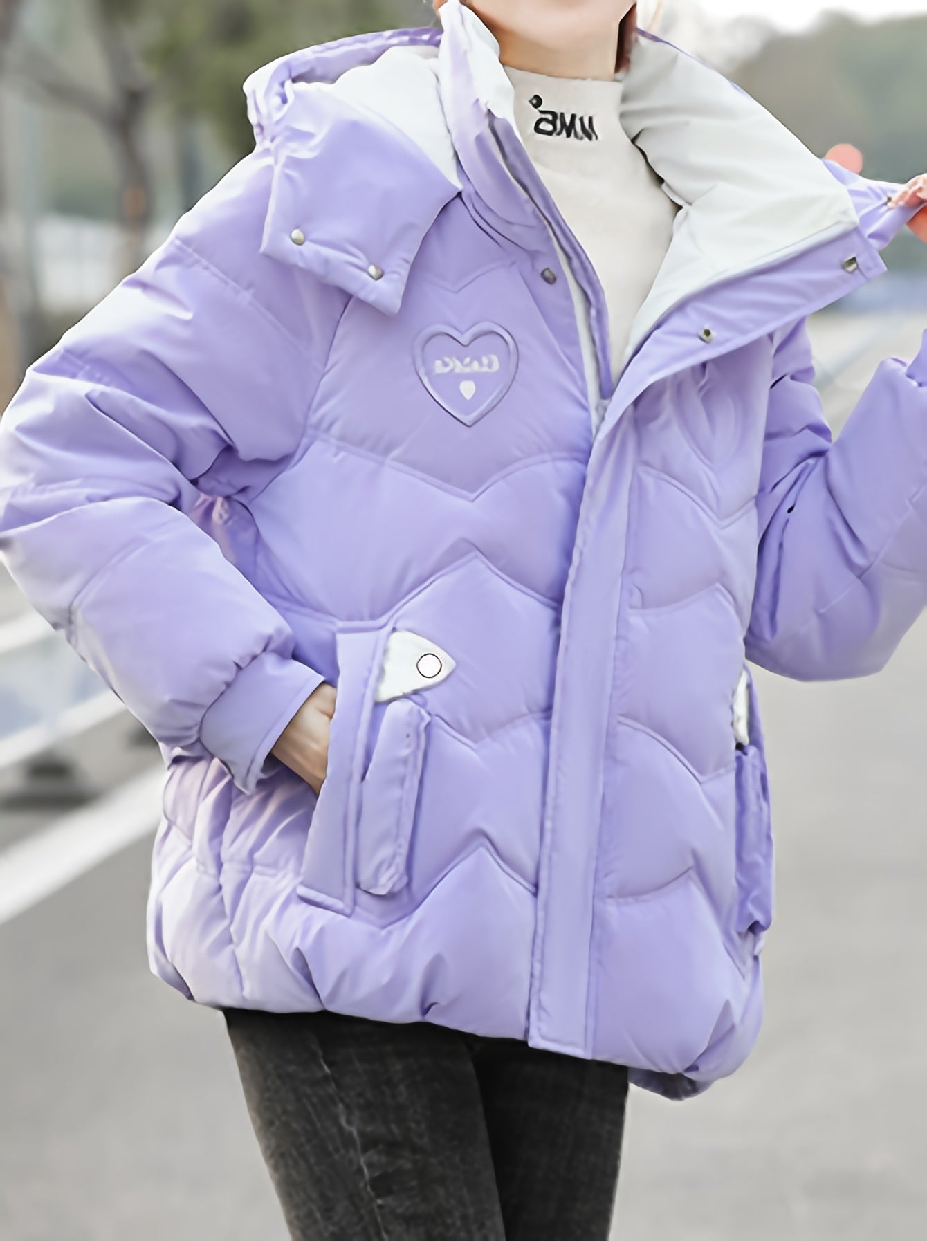 Women's Winter Hooded Jacket - Stylish Beige & White Zip-Up Coat with Heart Design, Warm Polyester Outerwear for Casual or Chic Looks, Winter Jacket
