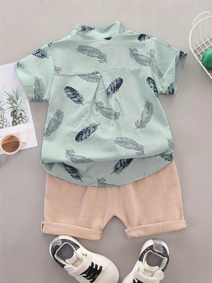 Baby Boys Cotton Feather Print Short Sleeve Shirt & Shorts Set