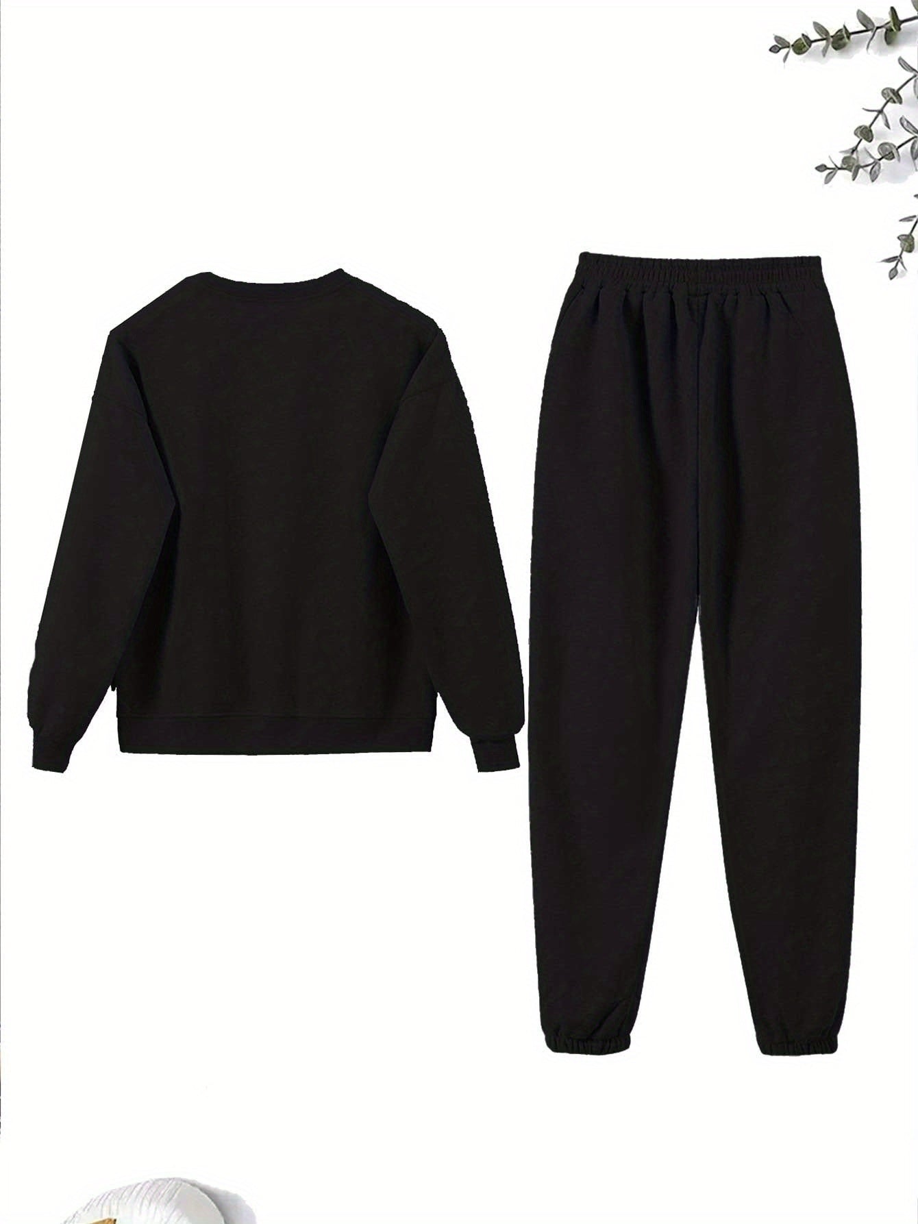 Women'S Sparkling Bow Print Sweatshirt and Pants Set - Casual Long Sleeve Pullover with Glittery Bow Design, Black and Gray, Perfect for Casual Attire, Casual Wear|Sparkling Bow Design|Stretchy Fabric