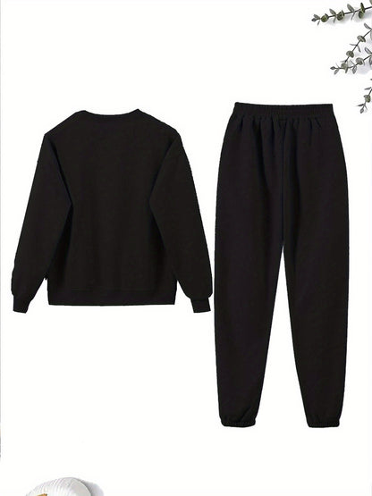 Women'S Sparkling Bow Print Sweatshirt and Pants Set - Casual Long Sleeve Pullover with Glittery Bow Design, Black and Gray, Perfect for Casual Attire, Casual Wear|Sparkling Bow Design|Stretchy Fabric