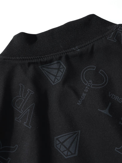Men's Fashion Bomber Jacket Spring/Fall Collection, Casual Alphabet Print Polyester Jacket with Zipper, Baseball Collar, Long Sleeve, Regular Fit, Non-Stretch Woven Fabric, Casual Outfit with Pocket