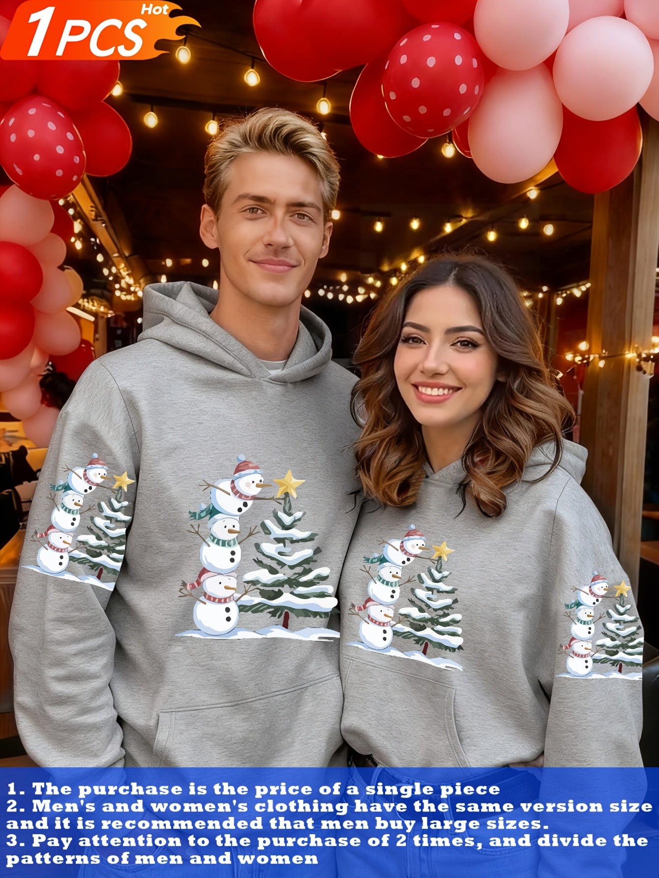 1pc Couple Matching Snowman Christmas Tree Print Oversized Hooded Sweatshirt, New Arrival Valentine'S Day Outfit, Casual Elegant Stretchy Fiber Fabric, Fleece Lined Soft Warm Long Sleeve Top For Sports, Travel & All-season We