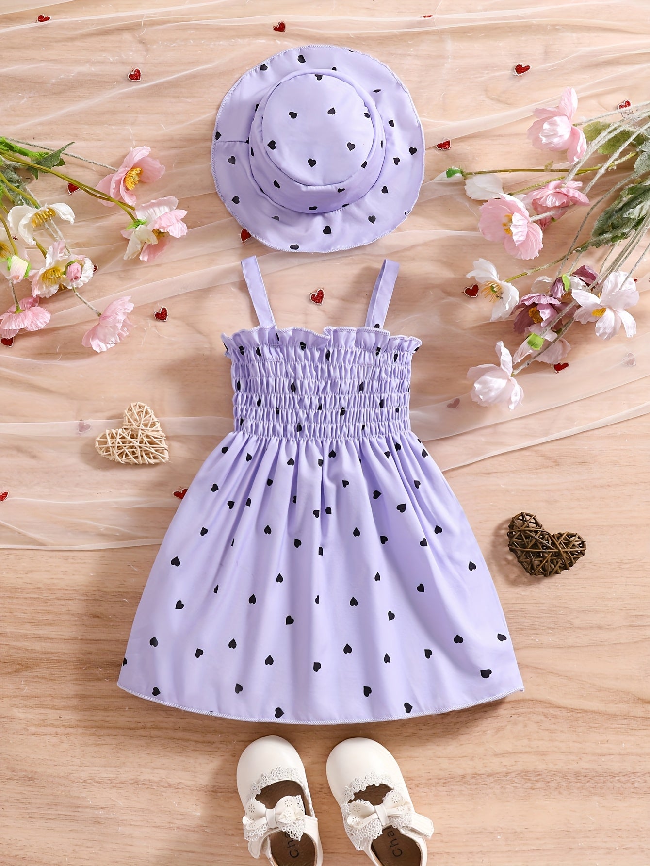 Girls' Sleeveless Heart-Print Dress & Hat Set for Summer 0-3 Years