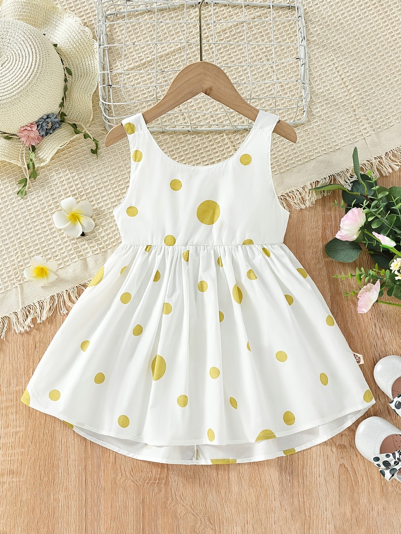 Girls' Cute White Cotton Polka Dot Spaghetti Strap Dress