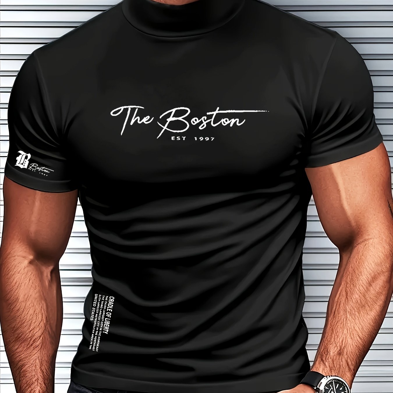 Men's Slim Fit Breathable Moisture-Wicking Short Sleeve T-Shirt - Lightweight All-Season Small Stand-Up Collar Tee with Boston Letter Print for Gym, Outdoor  Casual Wear, Active Lifestyle, Modern Design, Durable Construction