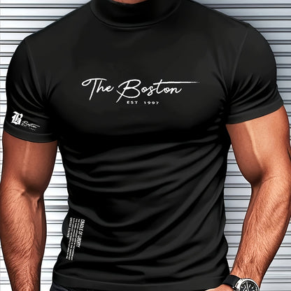 Men's Slim Fit Breathable Moisture-Wicking Short Sleeve T-Shirt - Lightweight All-Season Small Stand-Up Collar Tee with Boston Letter Print for Gym, Outdoor  Casual Wear, Active Lifestyle, Modern Design, Durable Construction