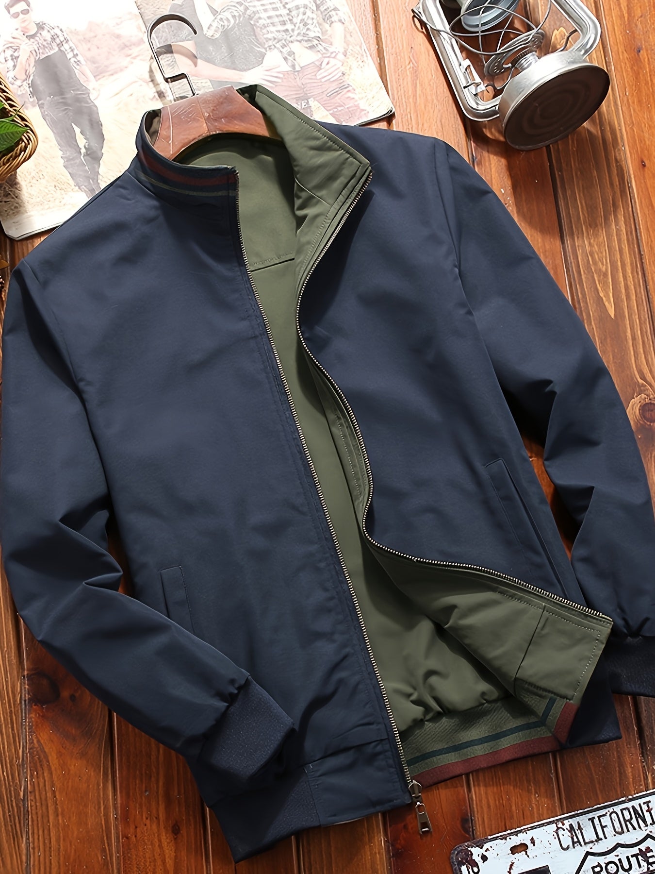 Men'S Stylish Beige Bomber Jacket with Red & Blue Trim - Double-Sided, Metal Zipper, Casual & Formal Wear, Perfect Gift for Husband or Boyfriend, Casual Outerwear | Doubleside Jacket | Polyester Lining