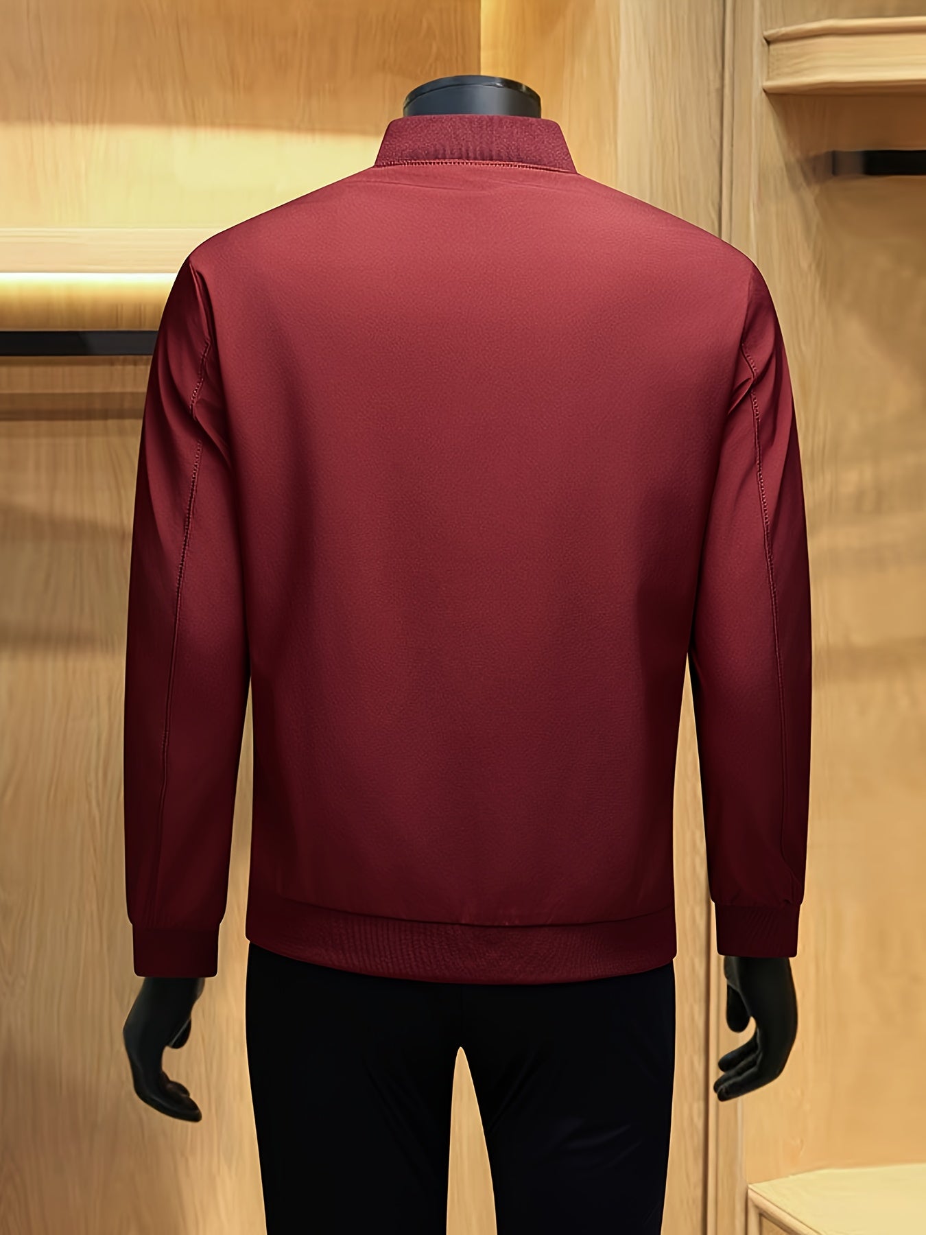 Men's Solid Burgundy (or other colors available) Slim-Fit Full-Length Zip-Up Jacket - Lightweight Business Casual Coat with Full-Length Zipper Closure, White Collar & Full-Length Zip Jacket for Office, Semi-Formal & Semi-Prof