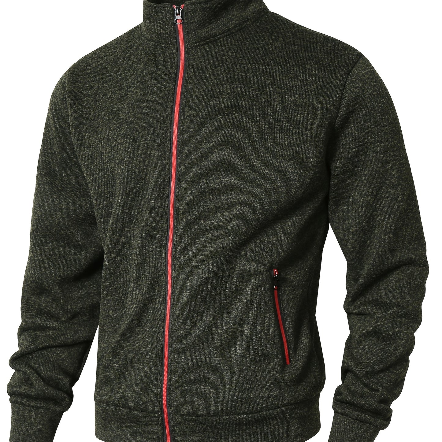 Men's Sporty Full-Zip Stand Collar Sweatshirt - Long Sleeve Casual Pullover with Neon Green Accents, Solid Color Non-Stretch Fabric, Regular Fit for Fall Winter