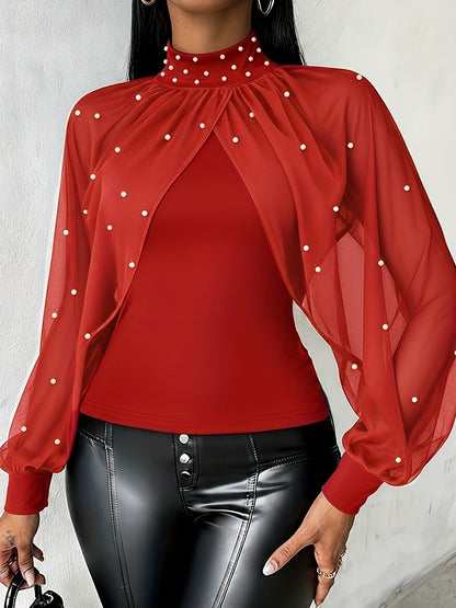 Women'S Elegant Off-Shoulder/One-Shoulder Tunic Top - Red/ - Long Sleeve Blouse with Pearl-like Beads - Formal & Everyday Chic Outfits - Spring/Fall, Fashion Lovers, Stylish Blouse, Quality Stitching, Sophisticated Design, Se
