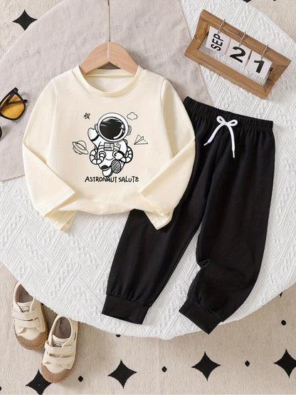 Boys' Space-Themed Cotton Tee & Jogger Set for Spring/Fall
