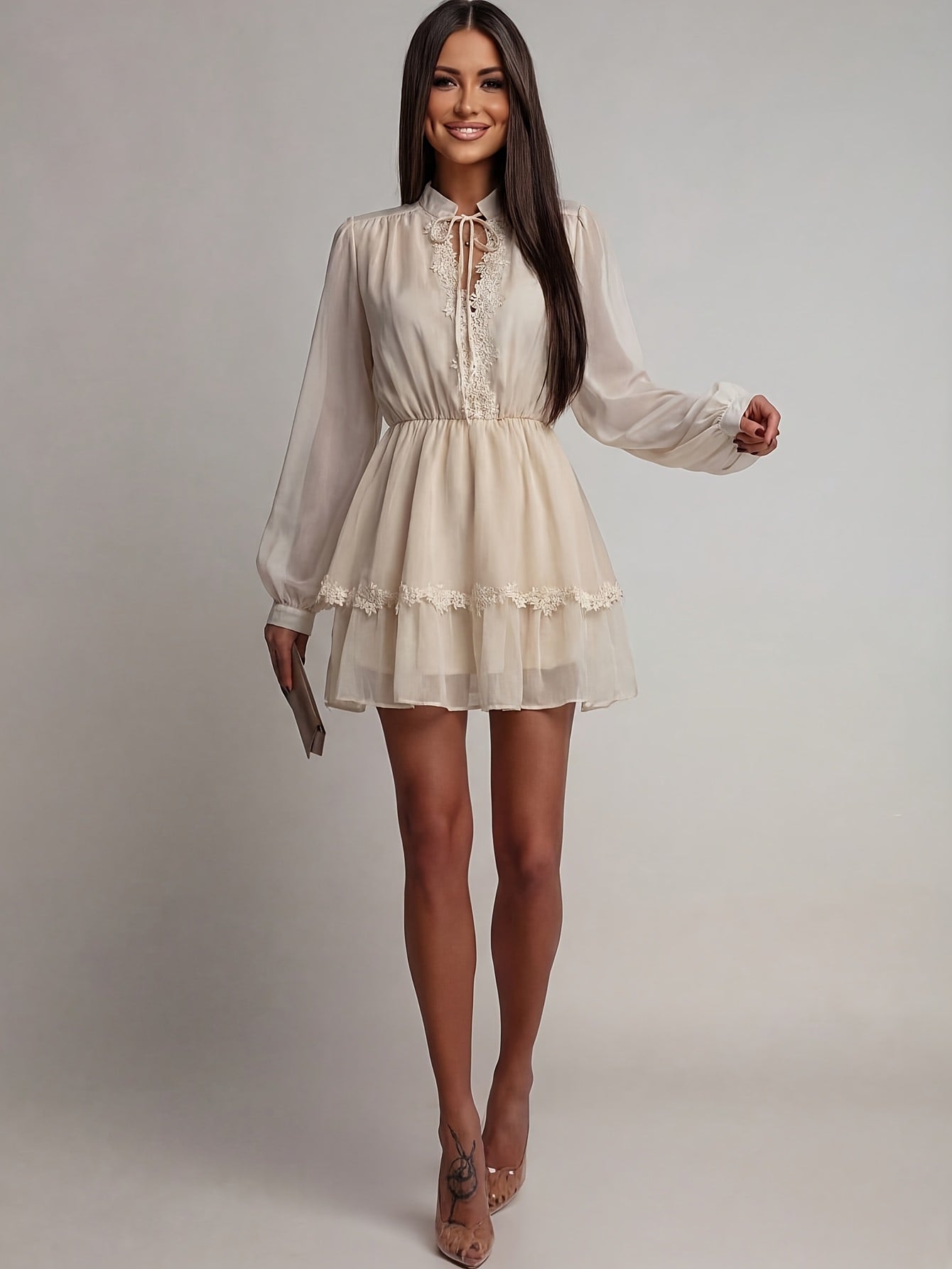 Elegant V-Neck Short Dress with Lace Trim and Ruffle Hem