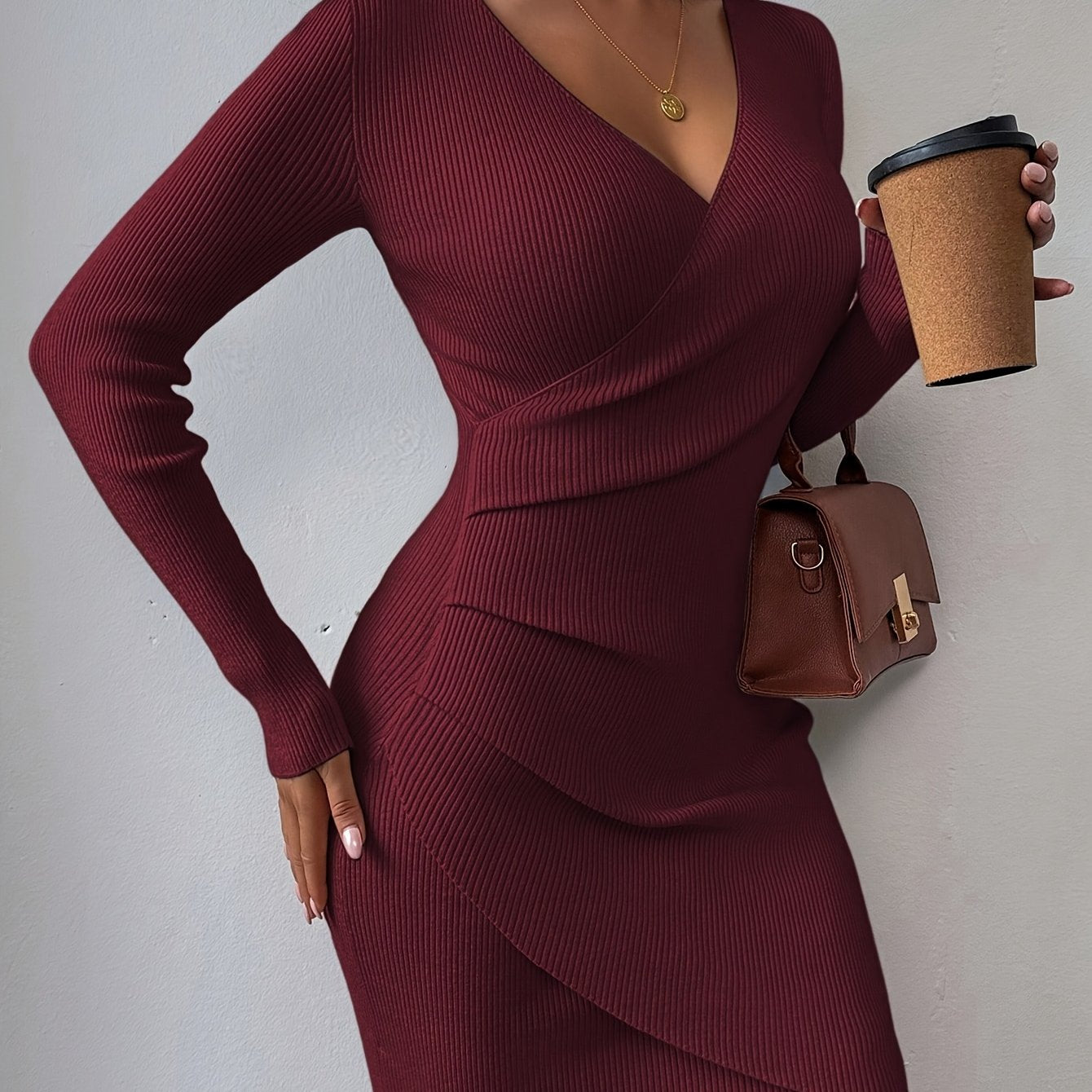 New Autumn and Winter Slim Fit V-Neck Dress Stretchy and Flattering Wrap Design, Elegant Solid Color Mini Dress for Work and Dates