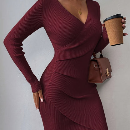 New Autumn and Winter Slim Fit V-Neck Dress Stretchy and Flattering Wrap Design, Elegant Solid Color Mini Dress for Work and Dates