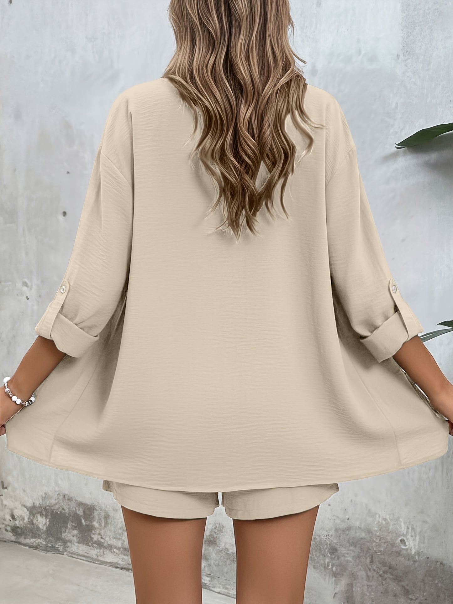 Women's Casual Long-Sleeve Shirt & High-Waist Shorts Set for Spring/Su
