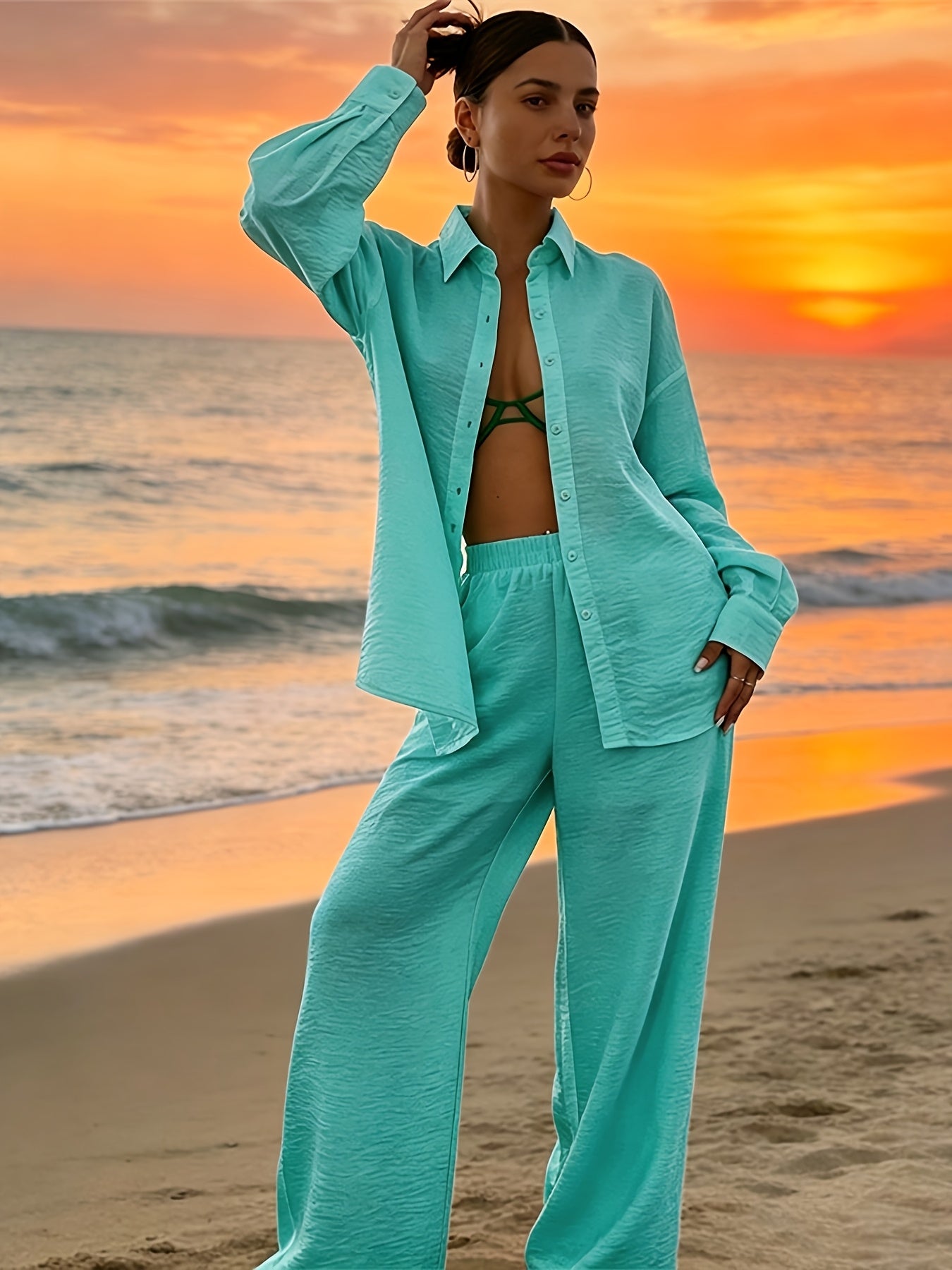 Elegant Solid Color Vacation Set: Loose Long-Sleeve Shirt & Wide-Leg P