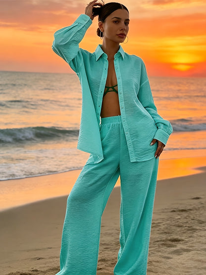 Elegant Solid Color Vacation Set: Loose Long-Sleeve Shirt & Wide-Leg P