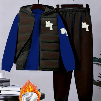 3pcs Boys' Winter Warm Uniform Set - NY Logo Lettered Jacket, Sweatshirt & Pants with Numbered Parch-Like Strips (8-12 Years) | Machine Washable 3pcs Outfit for, & Cold Weather | Non-Stretch Layered Clothing, Perfect for Outd