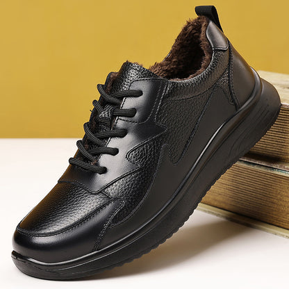 Men'S Fleece Lined Sneakers | Simple Panel Design, Heel Pull Tab, Trendy Casual Shoes for Campus Life and Dating, Low Top, Genuine Faux Leather Upper, Fabric Insole and Inner Material, Solid Color