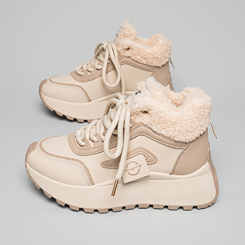 Women'S Winter Snow Boots with Thick Cushioned PVC Sole for Height Increase - Slip-Resistant Traction, Synthetic Faux Leather Upper & Plush Lining, Beige/Black Colorway - All-Terrain Traction for Ice, Snow, and Casual Wear -