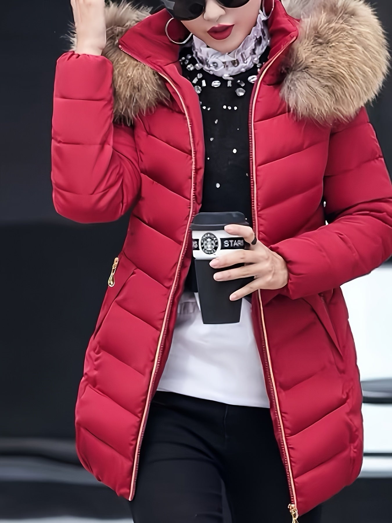 Women'S Elegant Red Mid-Length Winter Coat with Plush Fur Hood, Zip-Up Design, and Contrast Trim - Stylish All-Season Outerwear, Winter Coats And Vests
